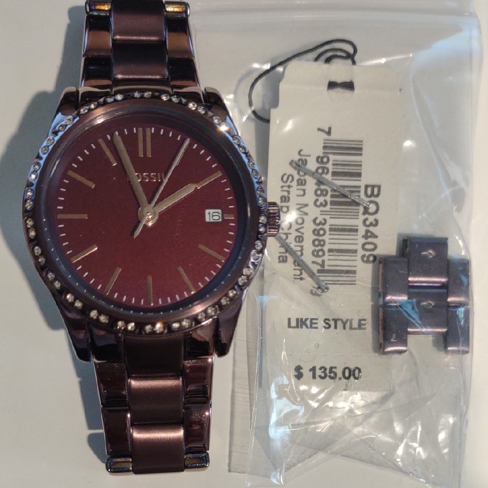 Fossil Wine/Burgundy Watch with Crystal Bezel